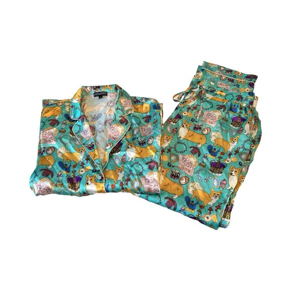 Karen Mabon Oh So Royal Turquoise Luxury Silk Pajama Set Corgi Queen Jewels L - Picture 1 of 5